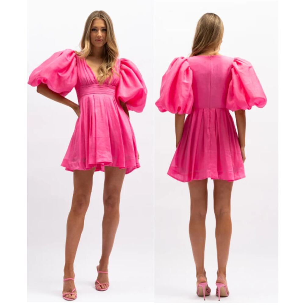 NWT Aureta Studio Serendipity Puff Sleeve Babydoll Mini Dress Hot Pink Womens S